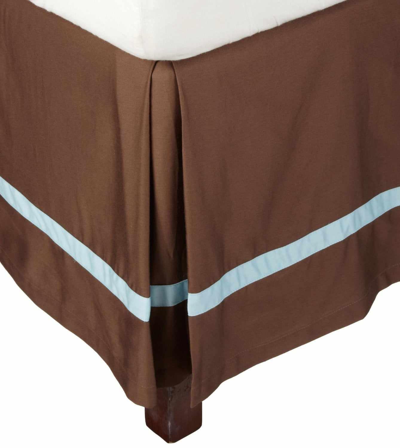 Band Border 15 Inch Drop Cotton Bedskirt  - Mocha/Sky Blue