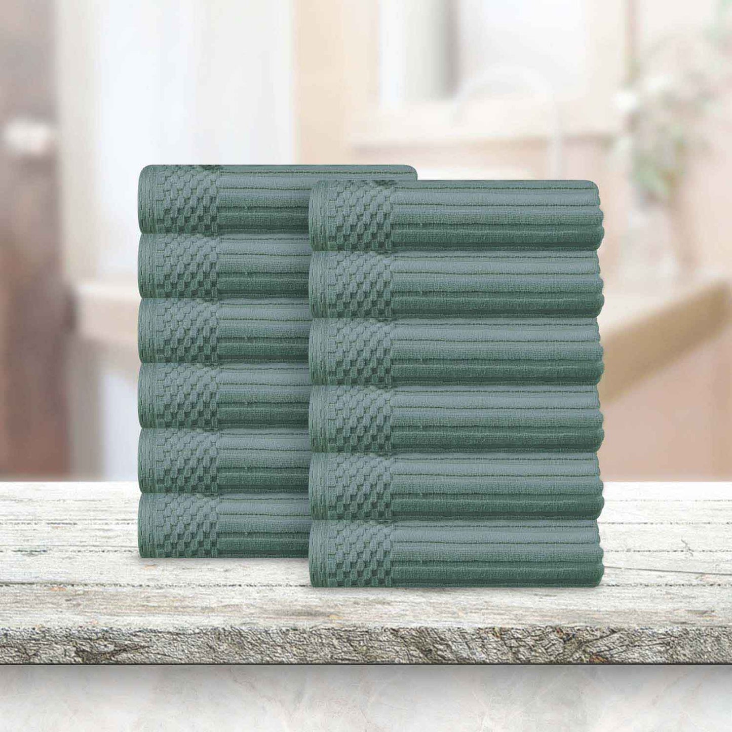 Soho Ribbed Cotton Absorbent Face Towel / Washcloth Set of 12 - Basil