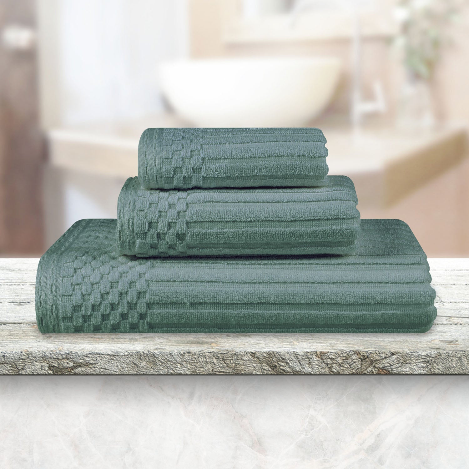 Soho Ribbed Cotton Absorbent 3 Piece Assorted Towel Set - Basil