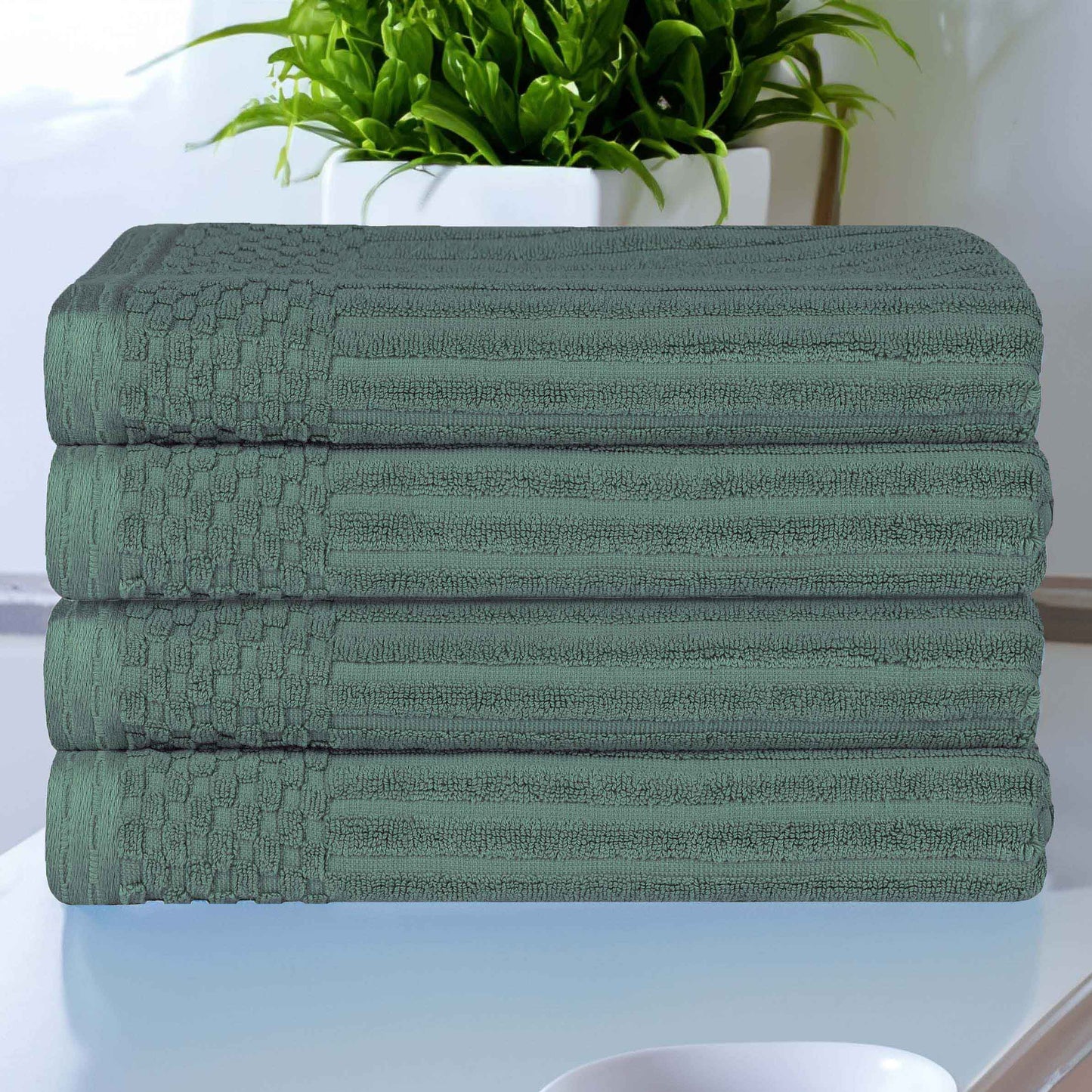 Soho Ribbed Cotton Absorbent Bath Towel Set of 4 - Basil