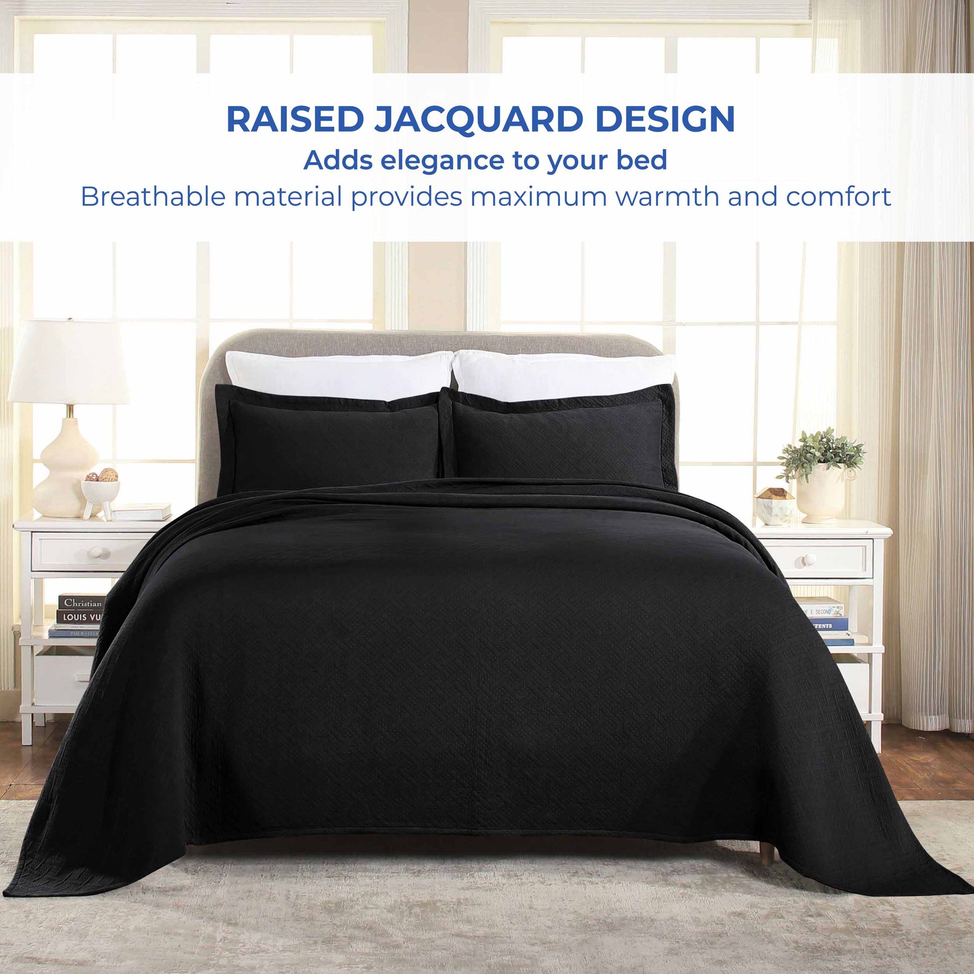 Basket Weave Matelasse Cotton Bedspread Set - Black