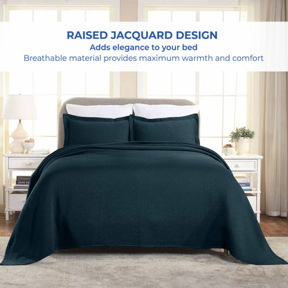 Basket Weave Matelasse Cotton Bedspread Set - Deep Sea