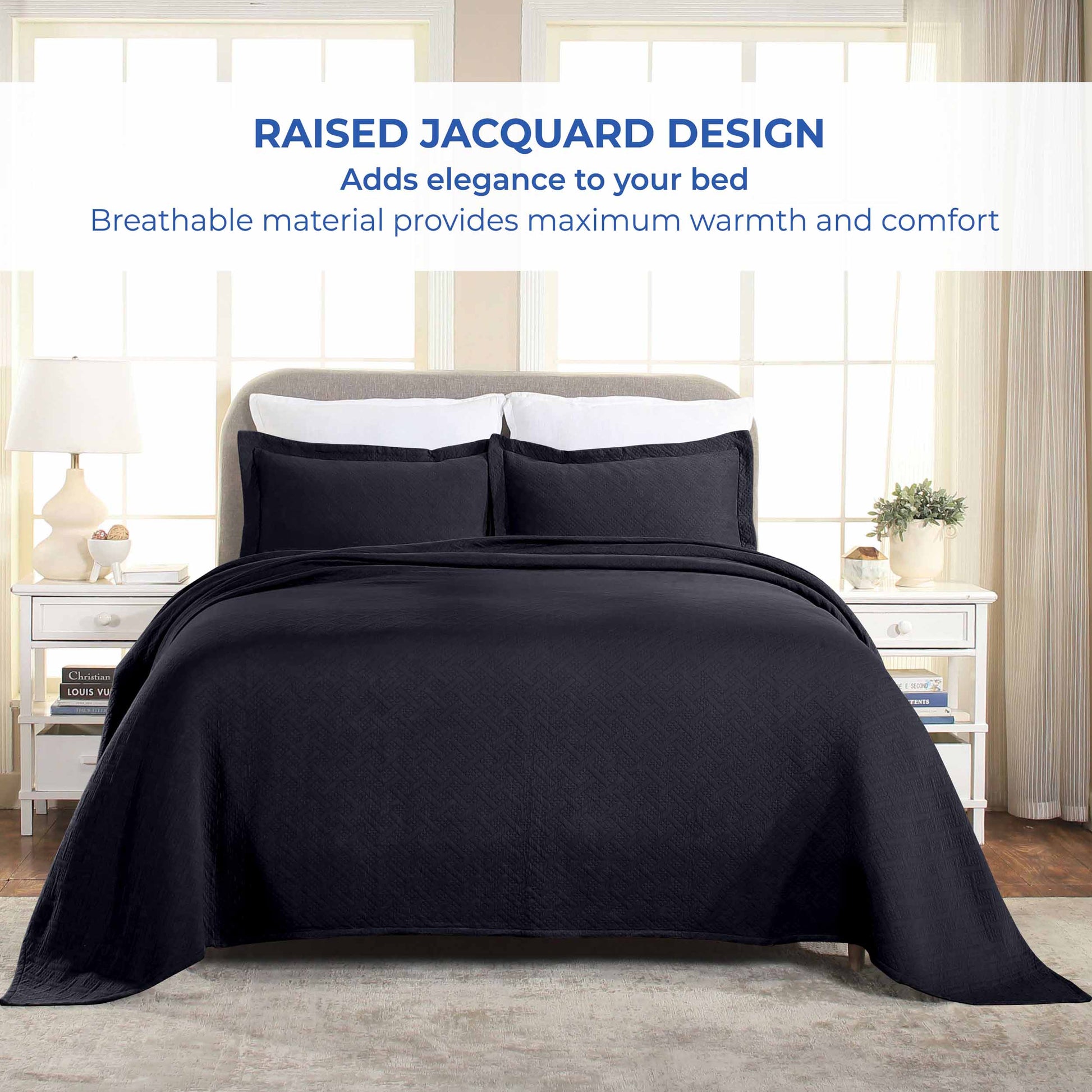 Basket Weave Matelasse Cotton Bedspread Set - Navy Blue