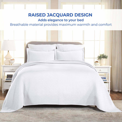 Basket Weave Matelasse Cotton Bedspread Set - White