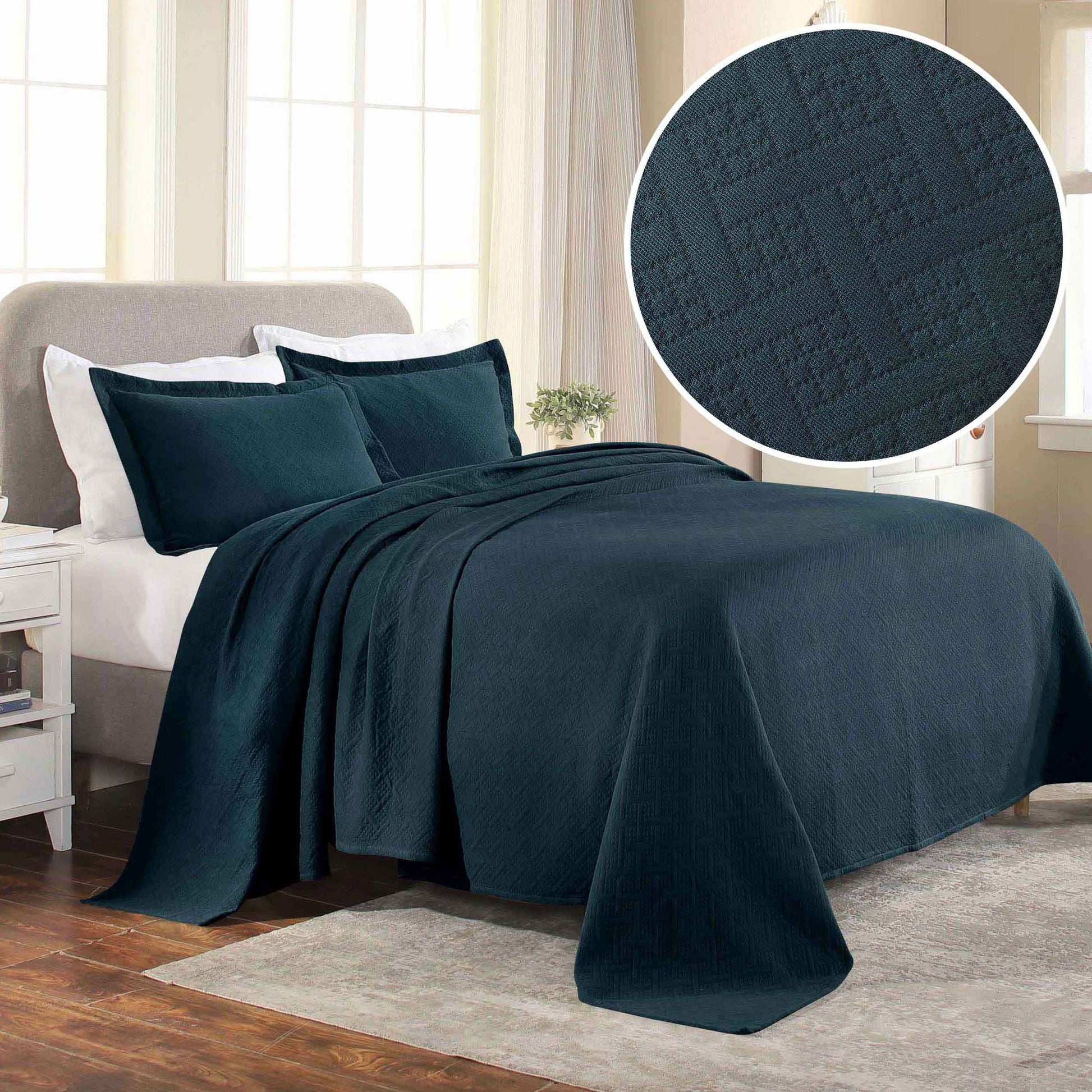 Basket Weave Matelasse Cotton Bedspread Set - Deep Sea