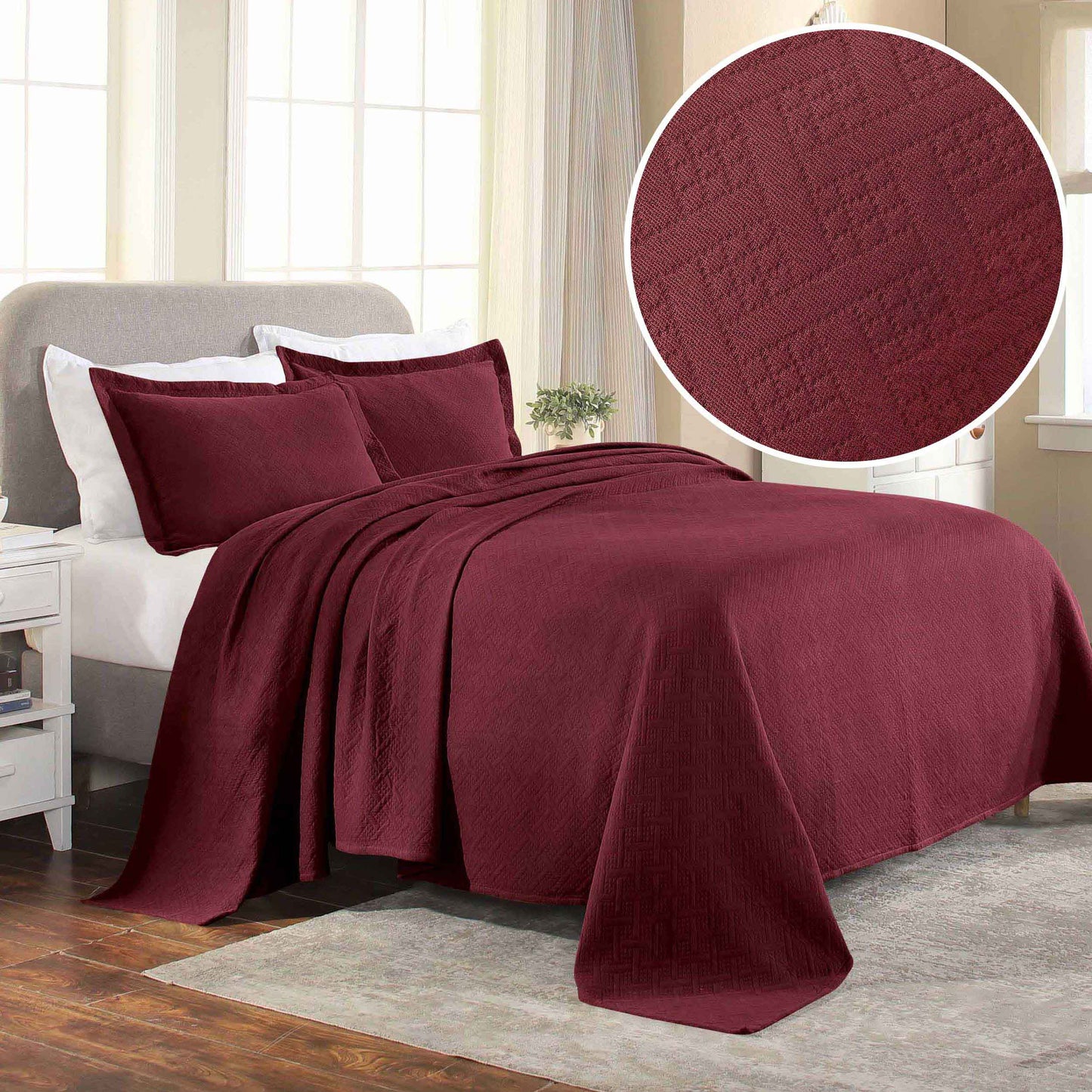 Basket Weave Matelasse Cotton Bedspread Set - Garnet