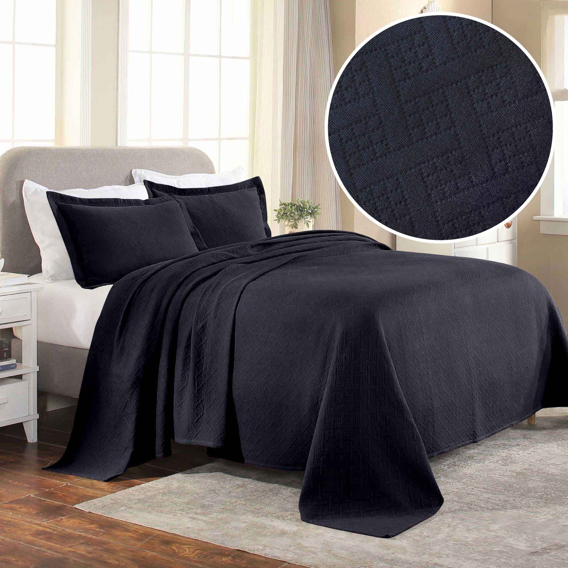 Basket Weave Matelasse Cotton Bedspread Set - Navy Blue