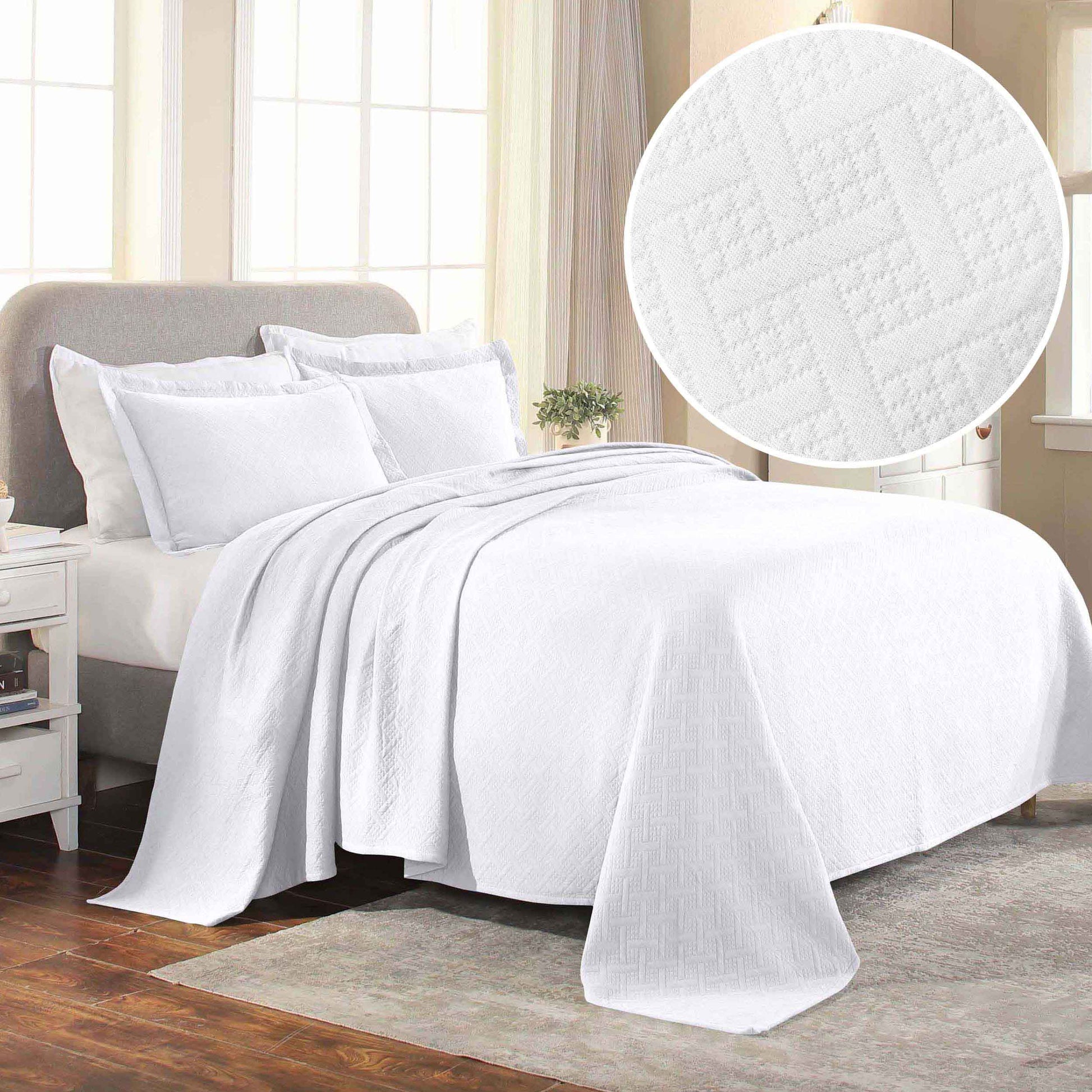 Basket Weave Matelasse Cotton Bedspread Set - White