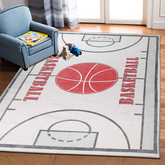 Basketball Court Playroom Non-Slip Kids Washable Indoor Area Rug - Ivory