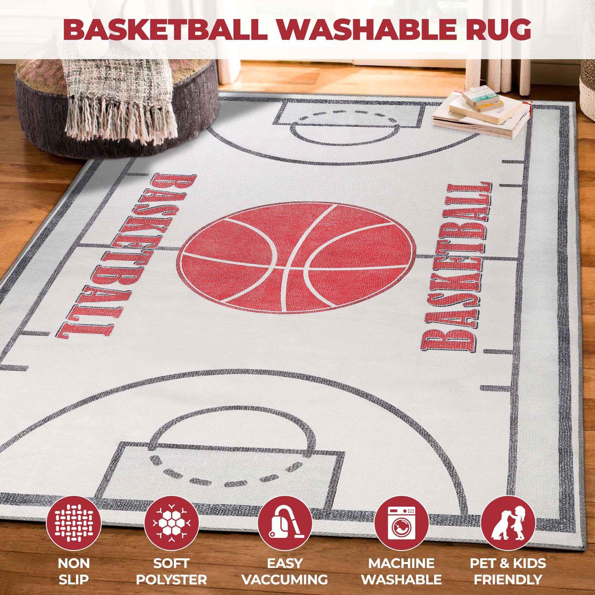 Basketball Court Playroom Non-Slip Kids Washable Indoor Area Rug - Ivory