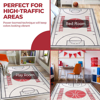 Basketball Court Playroom Non-Slip Kids Washable Indoor Area Rug - Ivory