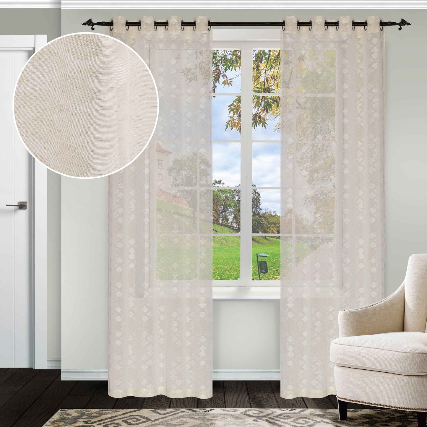 Embroidered Argyle Sheer 2-Piece Grommet Curtain Panel Set - Beige