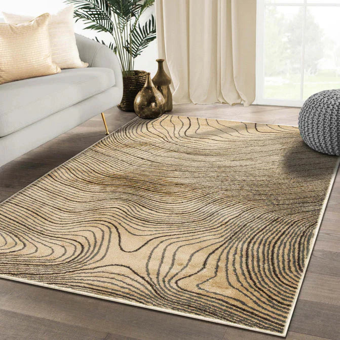 Veer Modern Abstract Wood Grain Indoor Area Rug or Runner - Beige