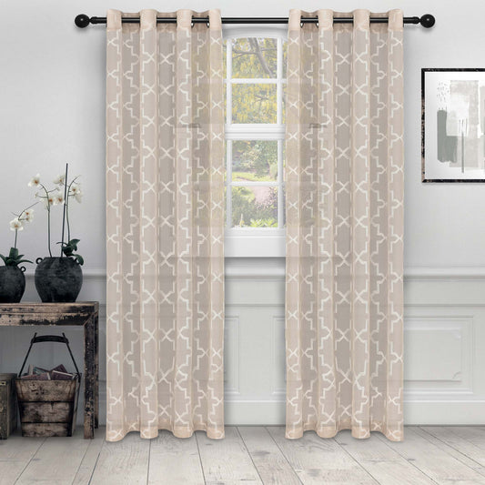 Embroidered Quatrefoil Semi Sheer 2 Piece Curtain Panel Set - Beige