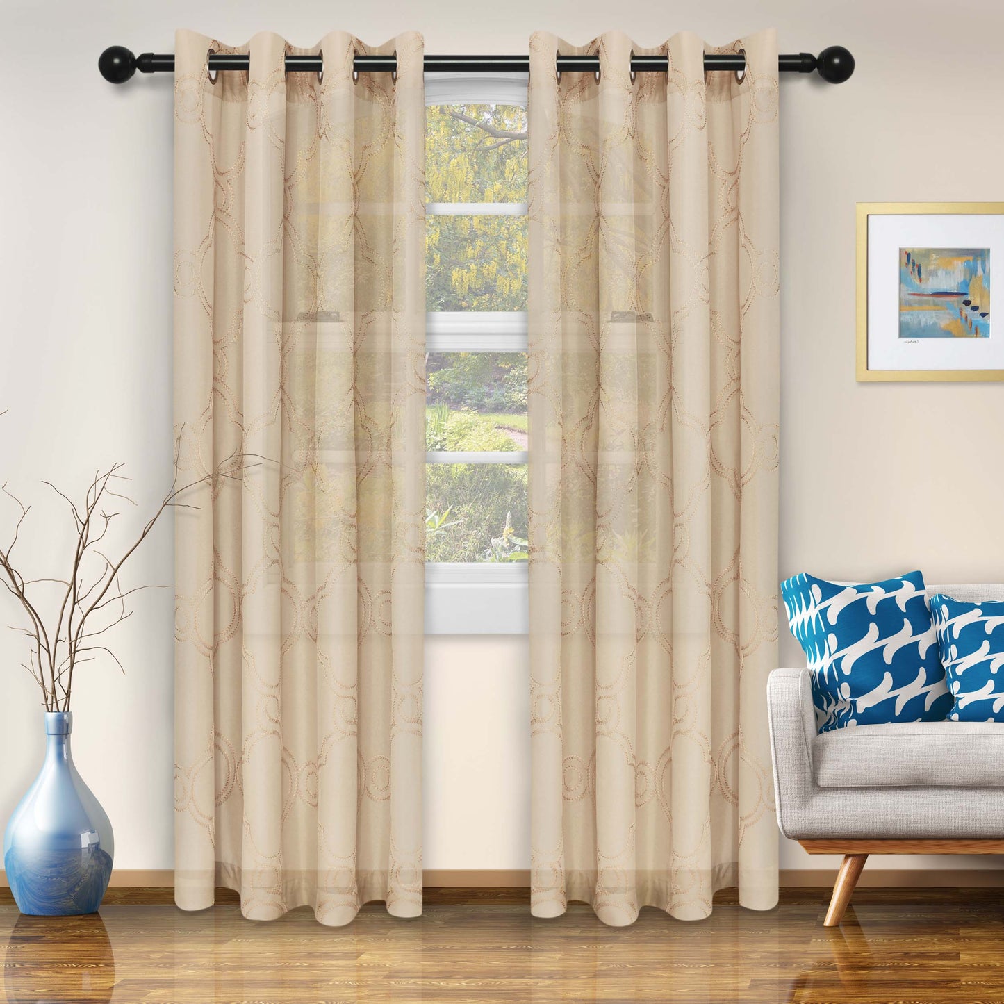 Embroidered Moroccan Sheer Grommet Curtain Panel Set - Beige