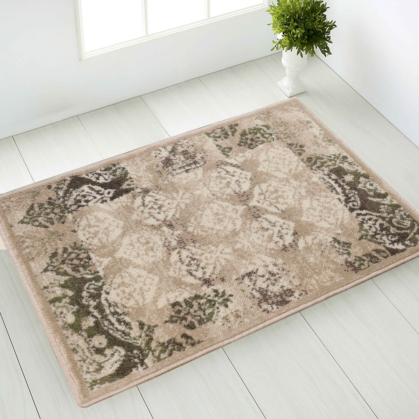 Mystique Distressed Damask Contemporary Area Rug - Beige