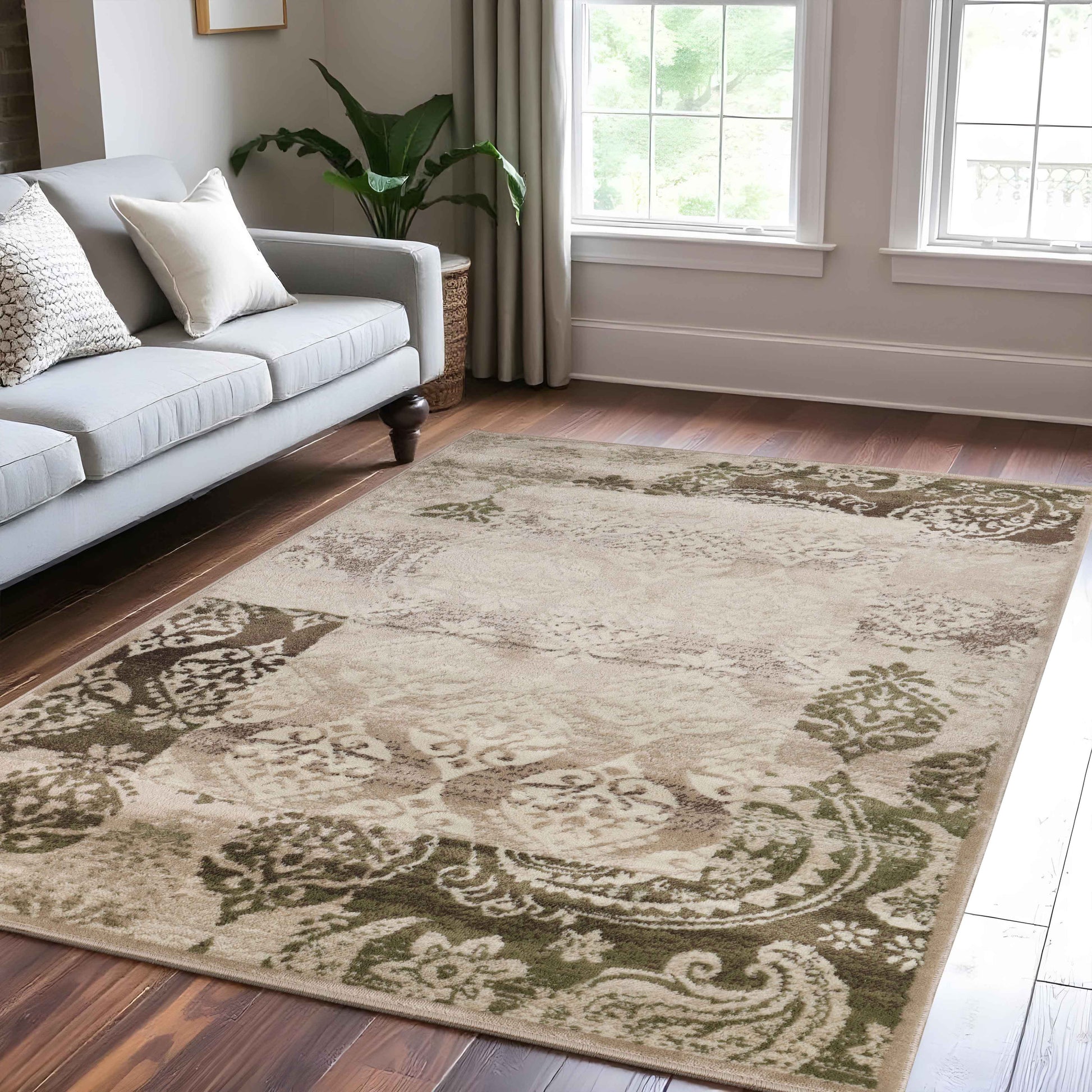 Mystique Distressed Damask Contemporary Area Rug - Beige