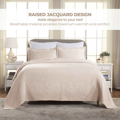 Cotton Jacquard Matelassé Scalloped Geometric Fret Bedspread Set - Bisque