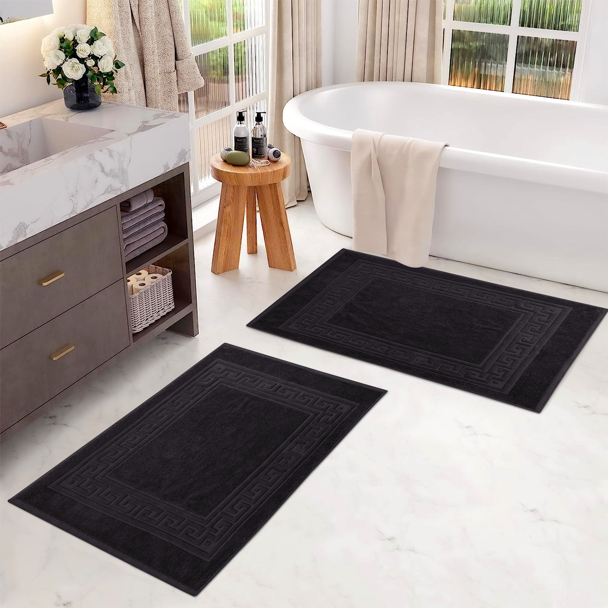 100% Cotton Highly-Absorbent Greek Key Border Solid 2-Piece Bath Mat Set - Black