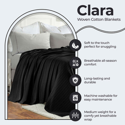 Clara Cotton Textured Jacquard Striped Lightweight Woven Blanket - Black