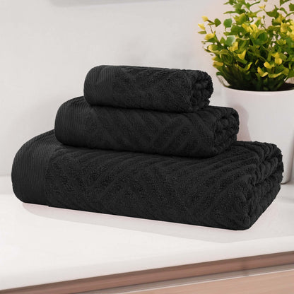 Basketweave Egyptian Cotton Jacquard 3 Piece Assorted Towel Set - Black