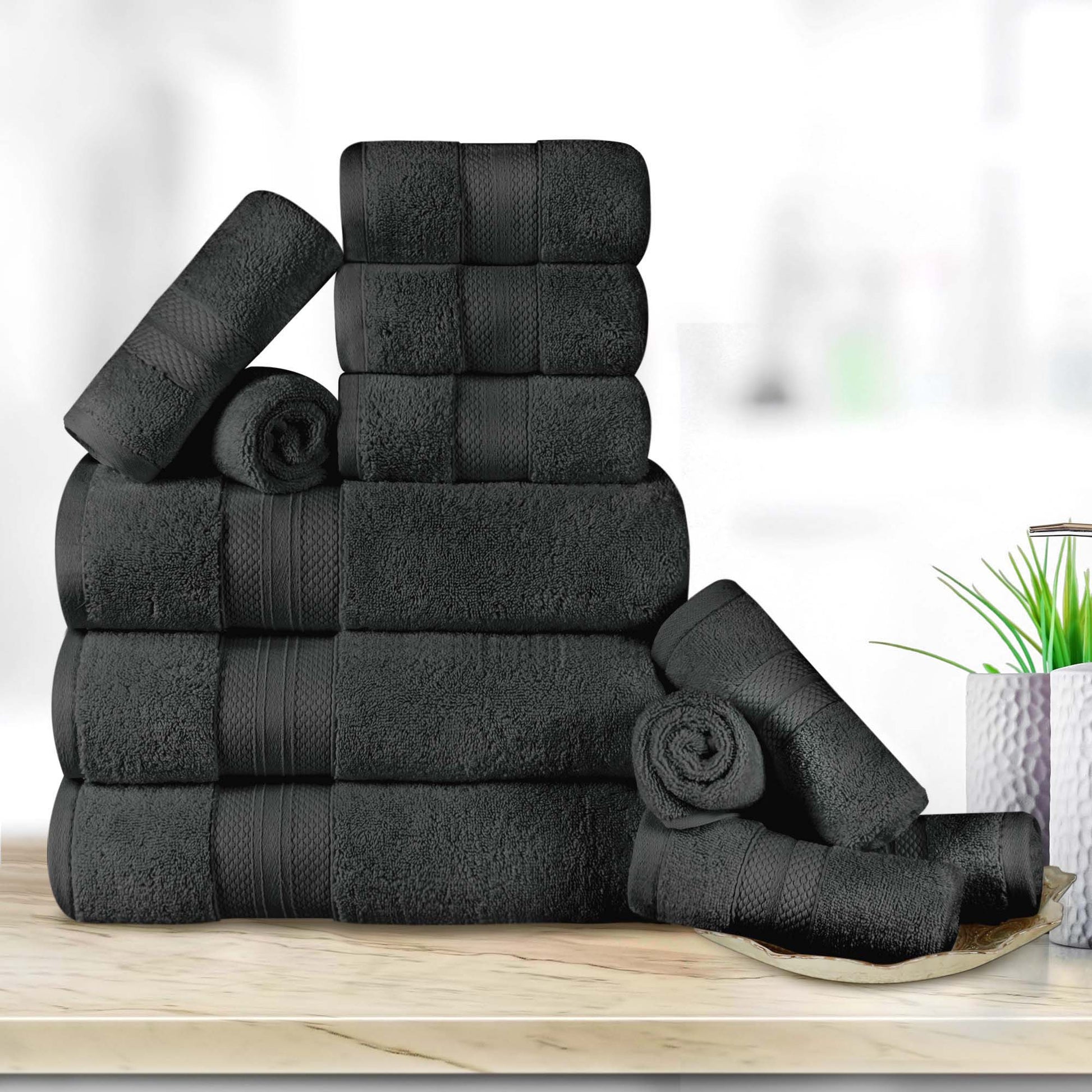 Turkish Cotton Highly Absorbent Solid 12 Piece Ultra Plush Towel Set - Black