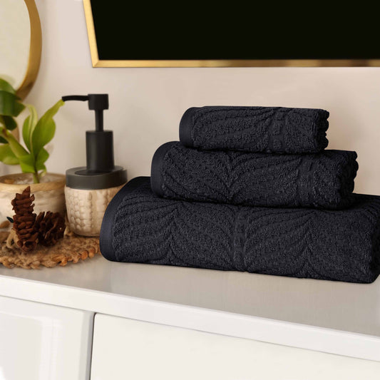 Chevron Zero Twist Jaquard Cotton 3 Piece Bathroom Towel Set - Black