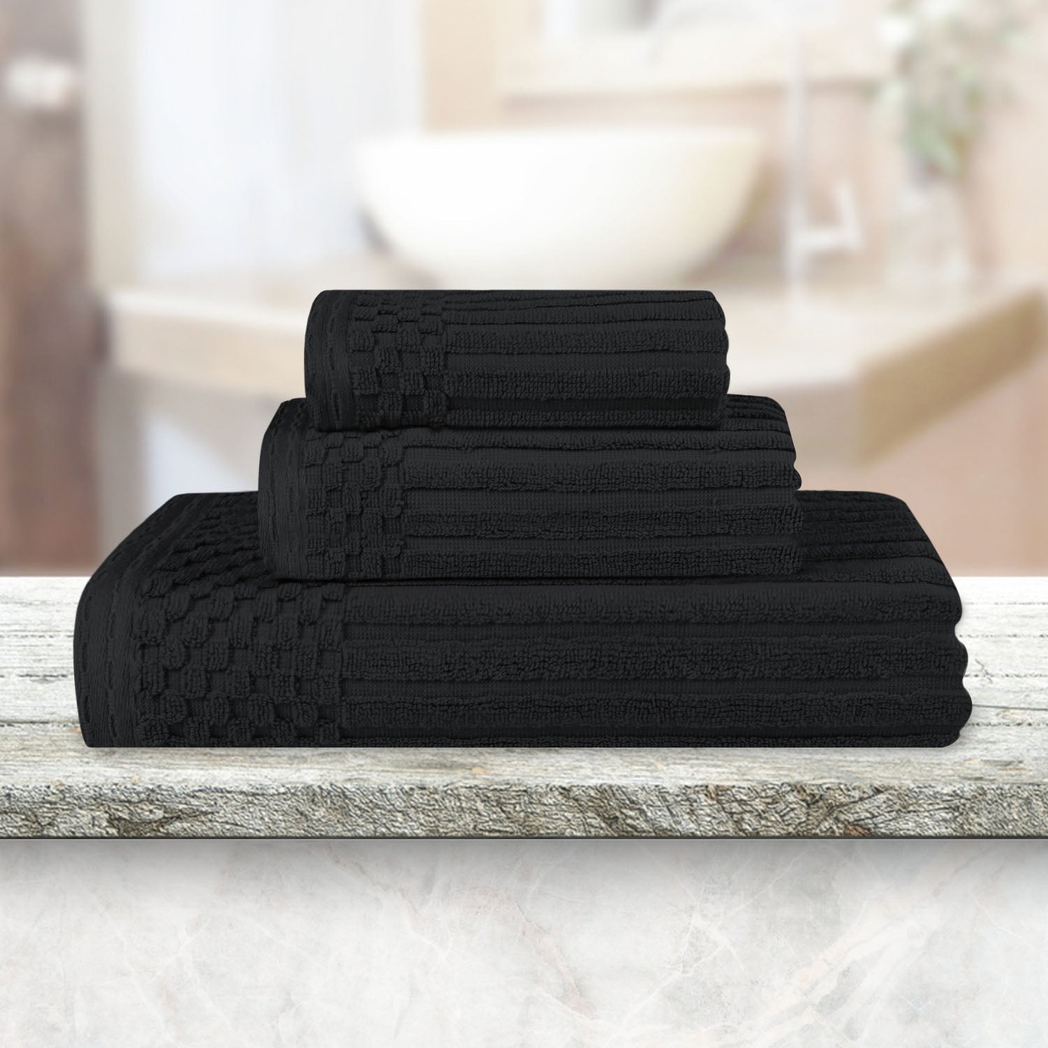 Soho Ribbed Cotton Absorbent 3 Piece Assorted Towel Set - Black