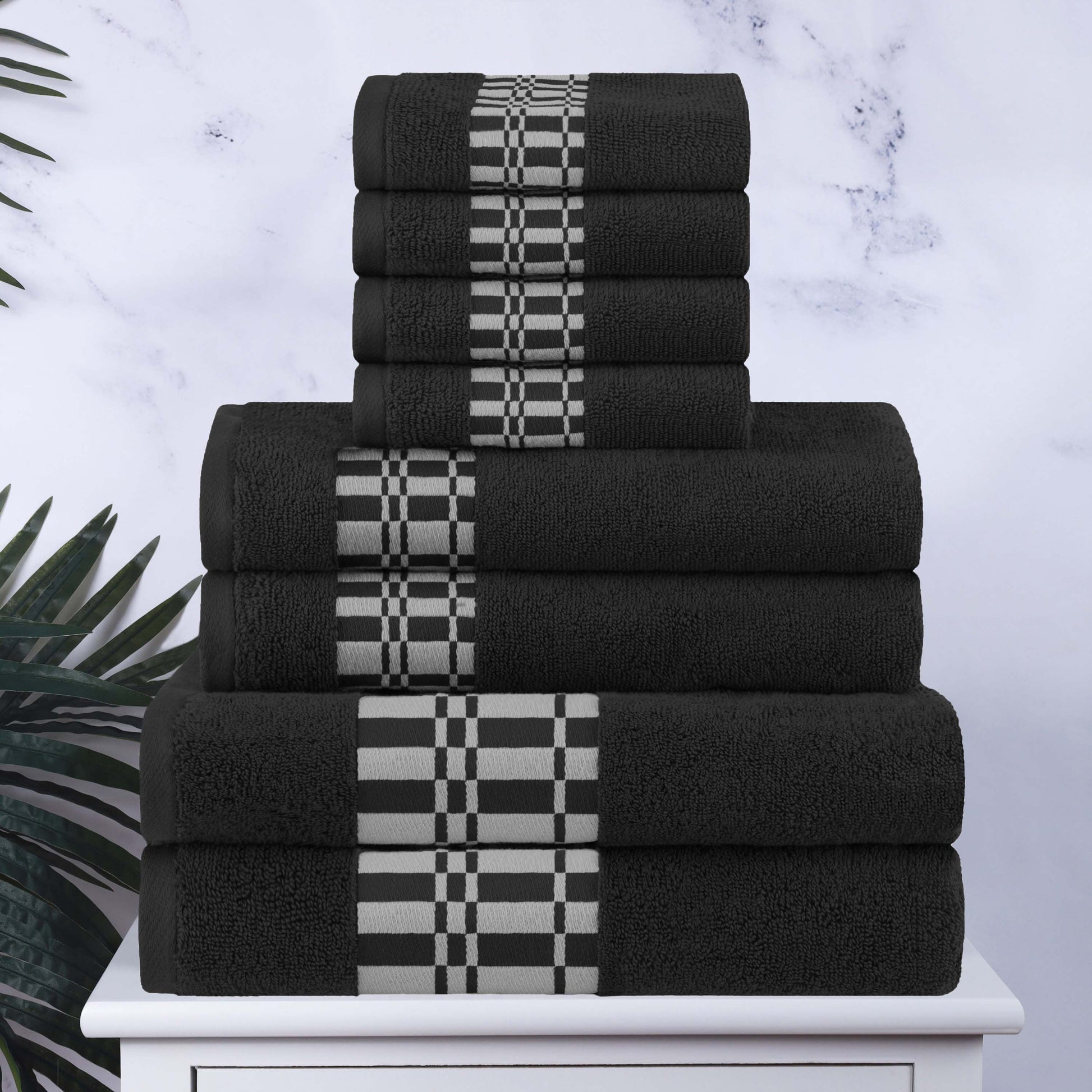 Larissa Cotton Geometric Border 8 Piece Assorted Towel Set - Black