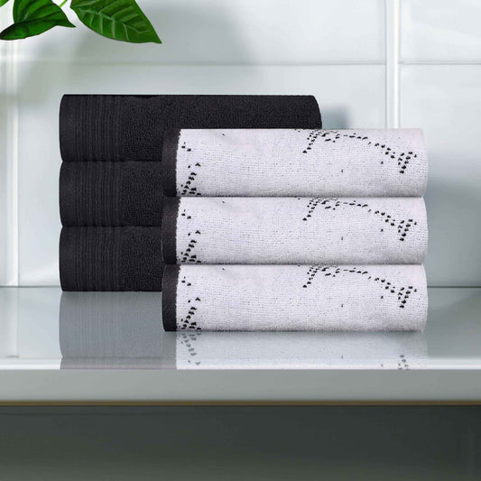 Cotton Marble and Solid Medium Weight Hand Towel Set of 6 - Black