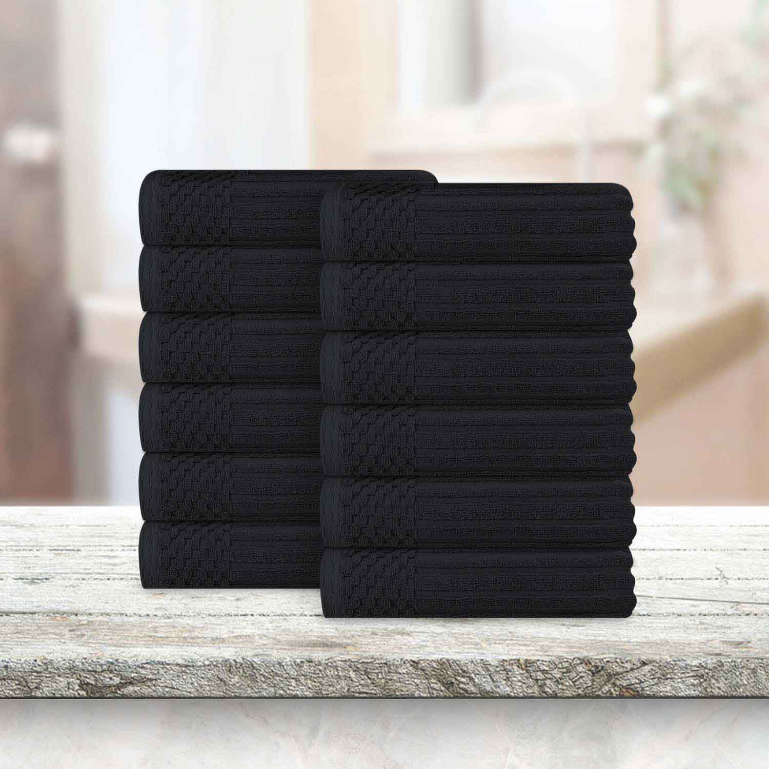 Soho Ribbed Cotton Absorbent Face Towel / Washcloth Set of 12 - Black