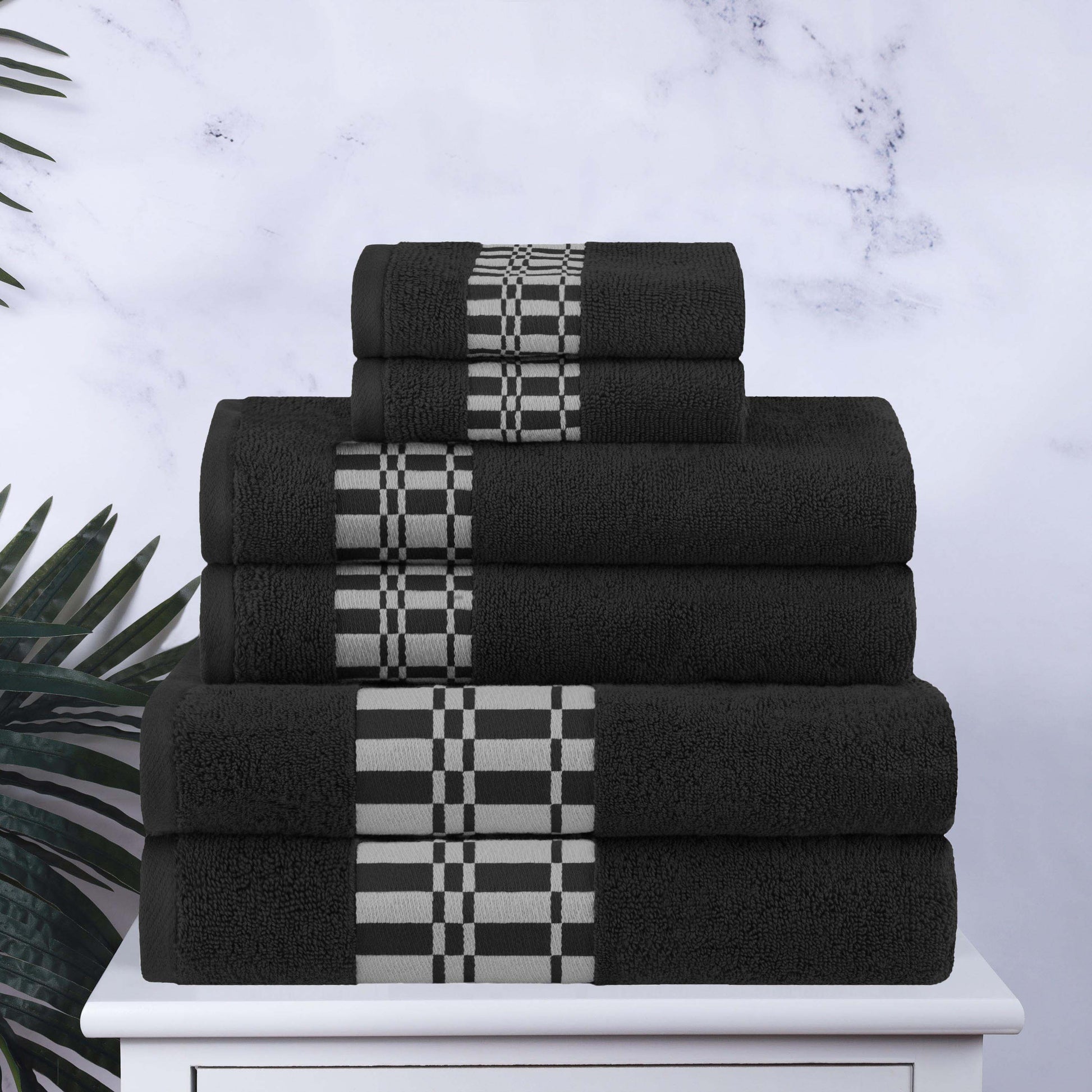 Larissa Cotton Geometric Border 6 Piece Assorted Towel Set - Black