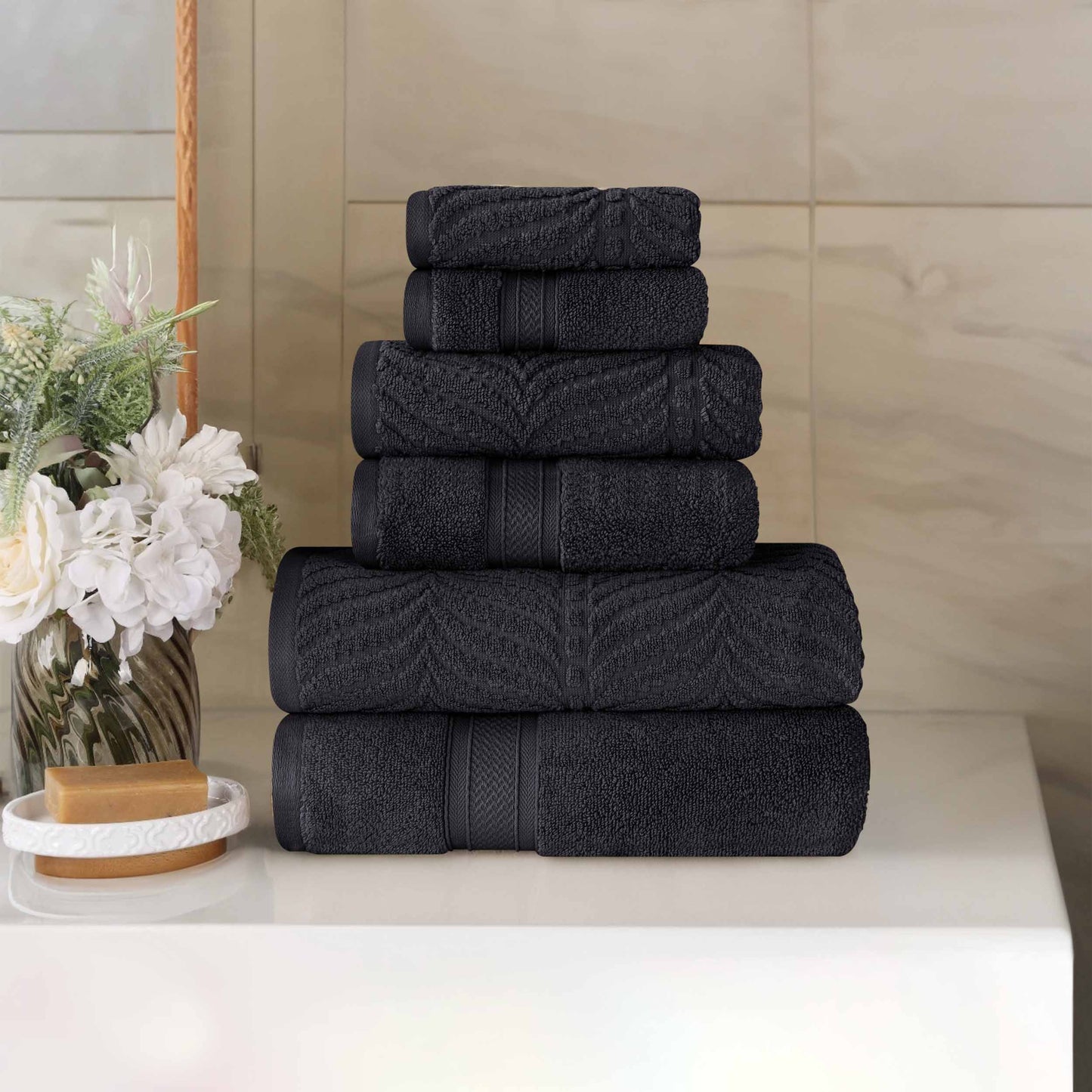 Chevron Zero Twist Solid and Jacquard Soft Cotton 6 Piece Towel Set - Black