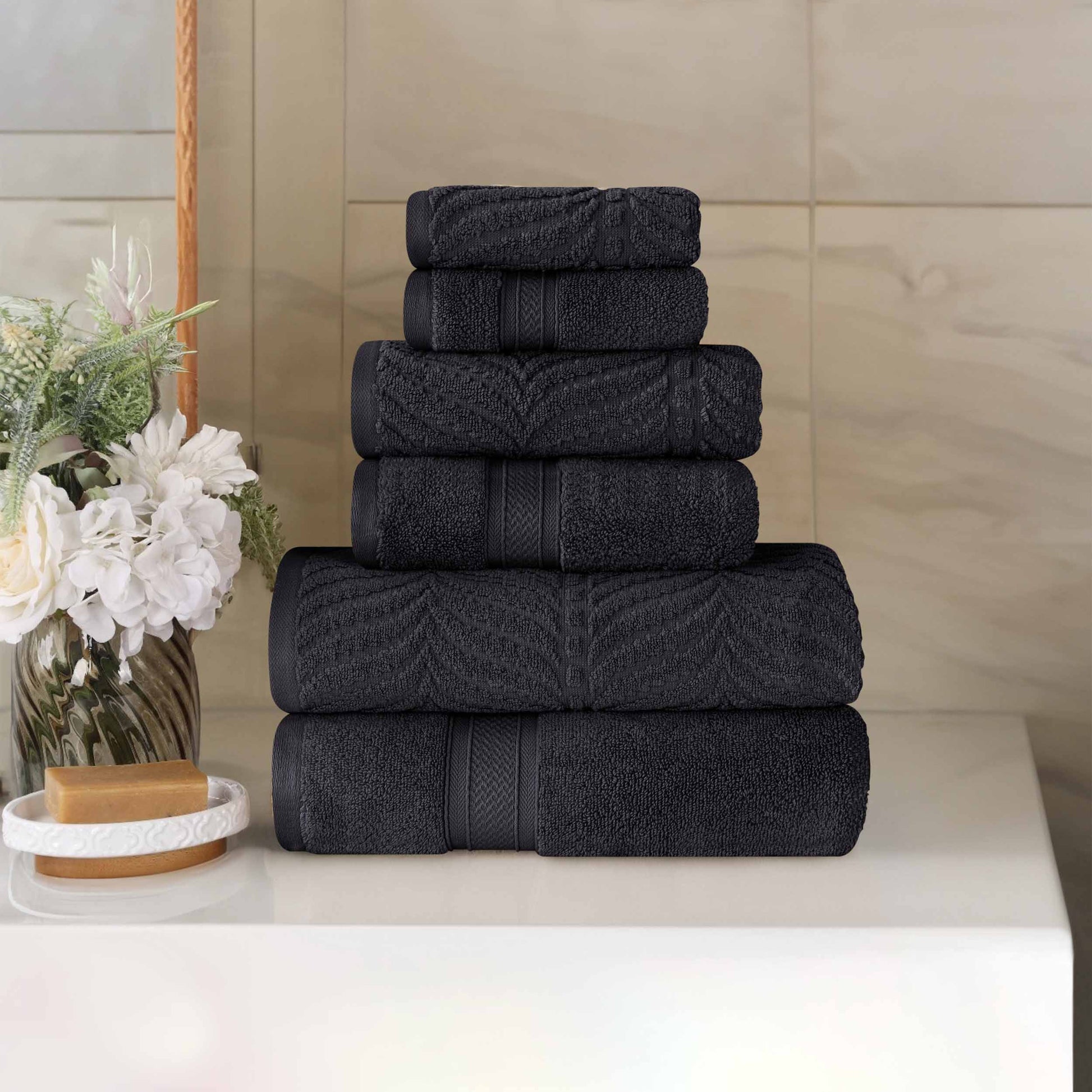 Chevron Zero Twist Solid and Jacquard Soft Cotton 6 Piece Towel Set - Black