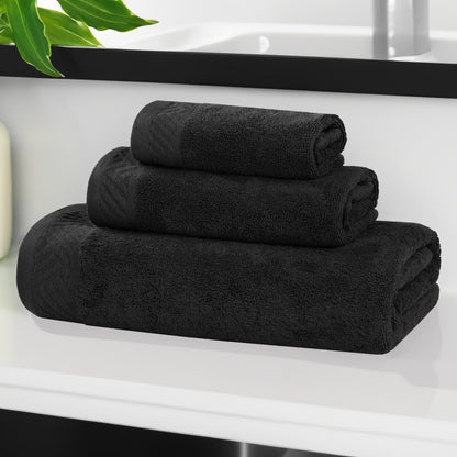 Basketweave Egyptian Cotton Solid 3 Piece Assorted Towel Set - Black