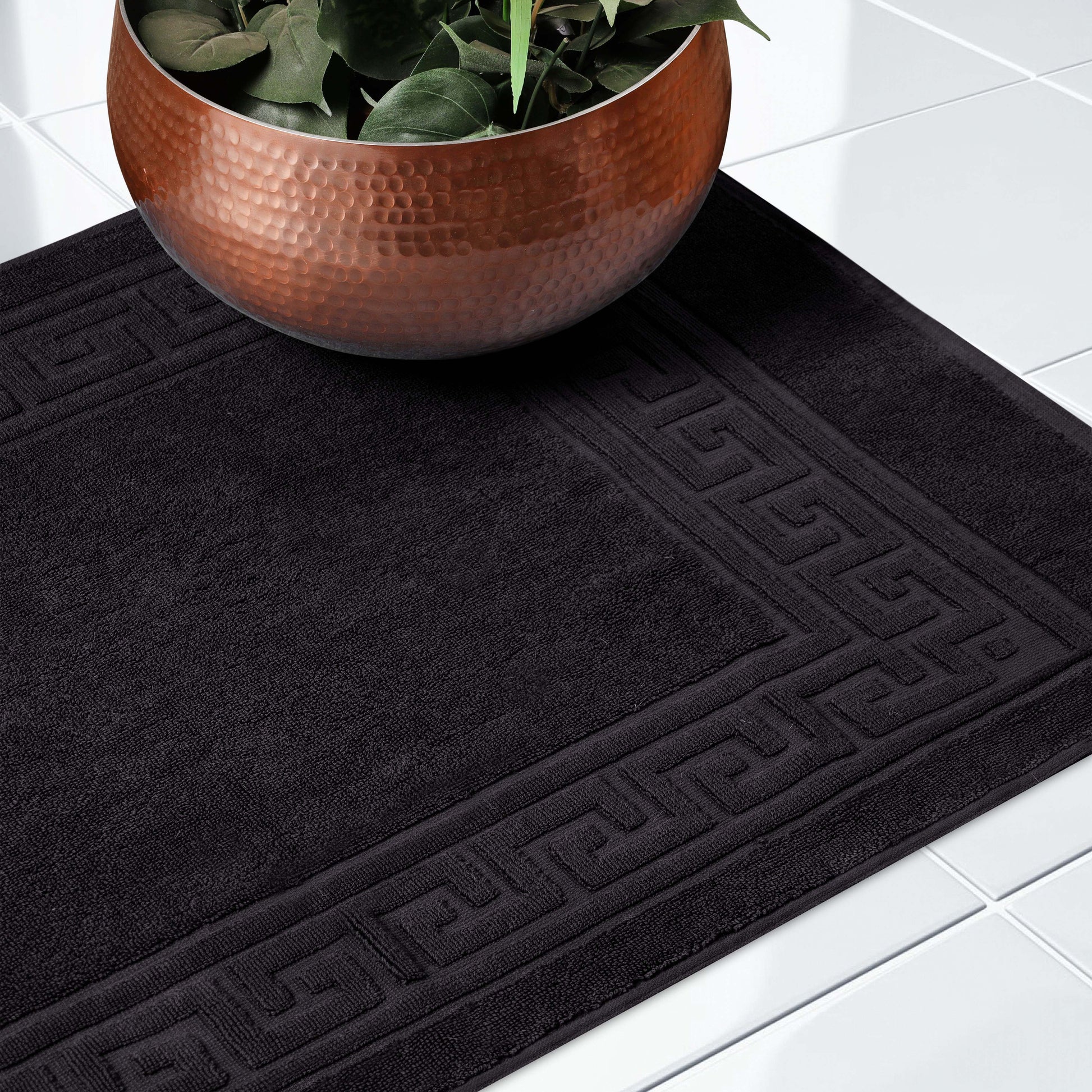 100% Cotton Highly-Absorbent Greek Key Border Solid 2-Piece Bath Mat Set - Black