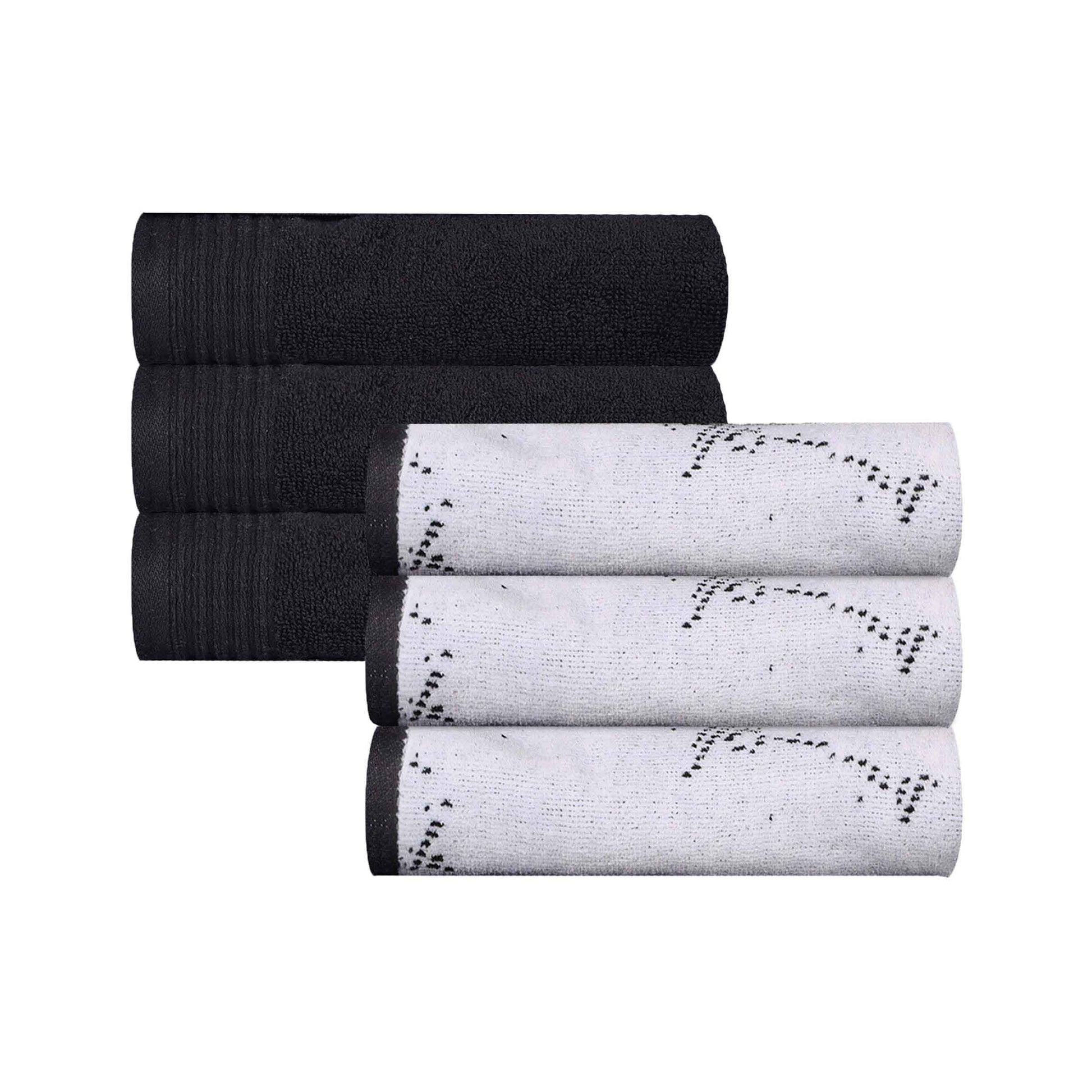 Cotton Marble and Solid Medium Weight Hand Towel Set of 6 - Black