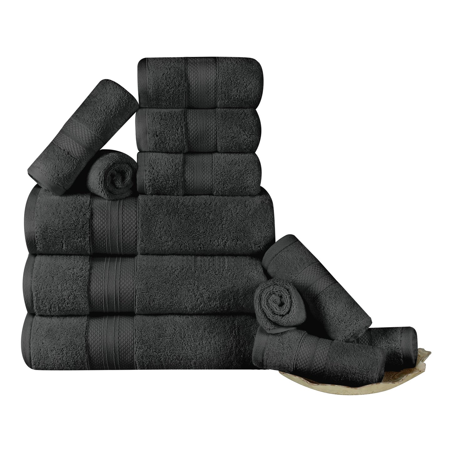 Turkish Cotton Highly Absorbent Solid 12 Piece Ultra Plush Towel Set - Black