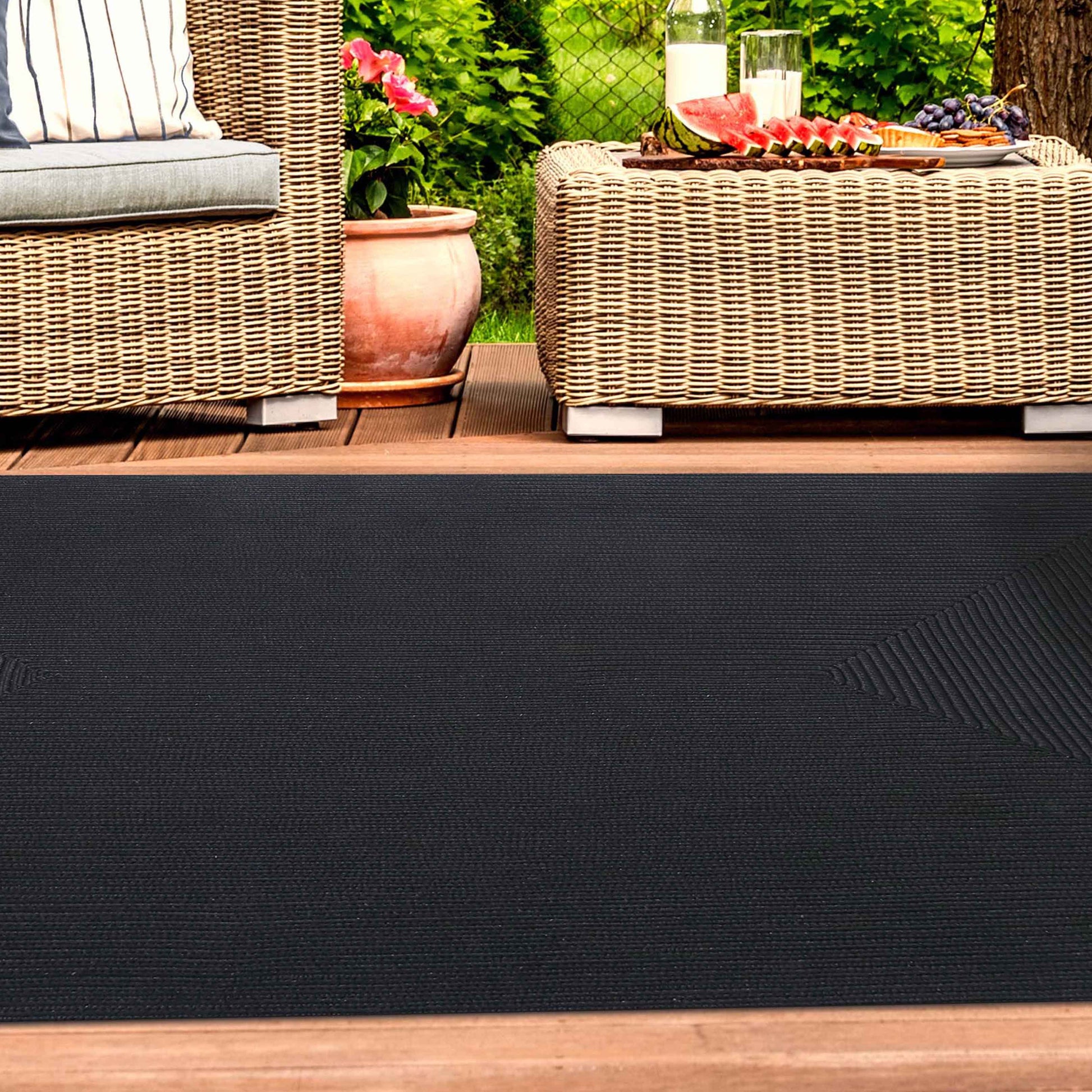 Bohemian Indoor Outdoor Rugs Solid Rectangle Braided Area Rug - Black