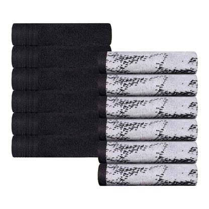 Cotton Marble and Solid Medium Weight Face Towel/ Washcloth Set of 12 - Black