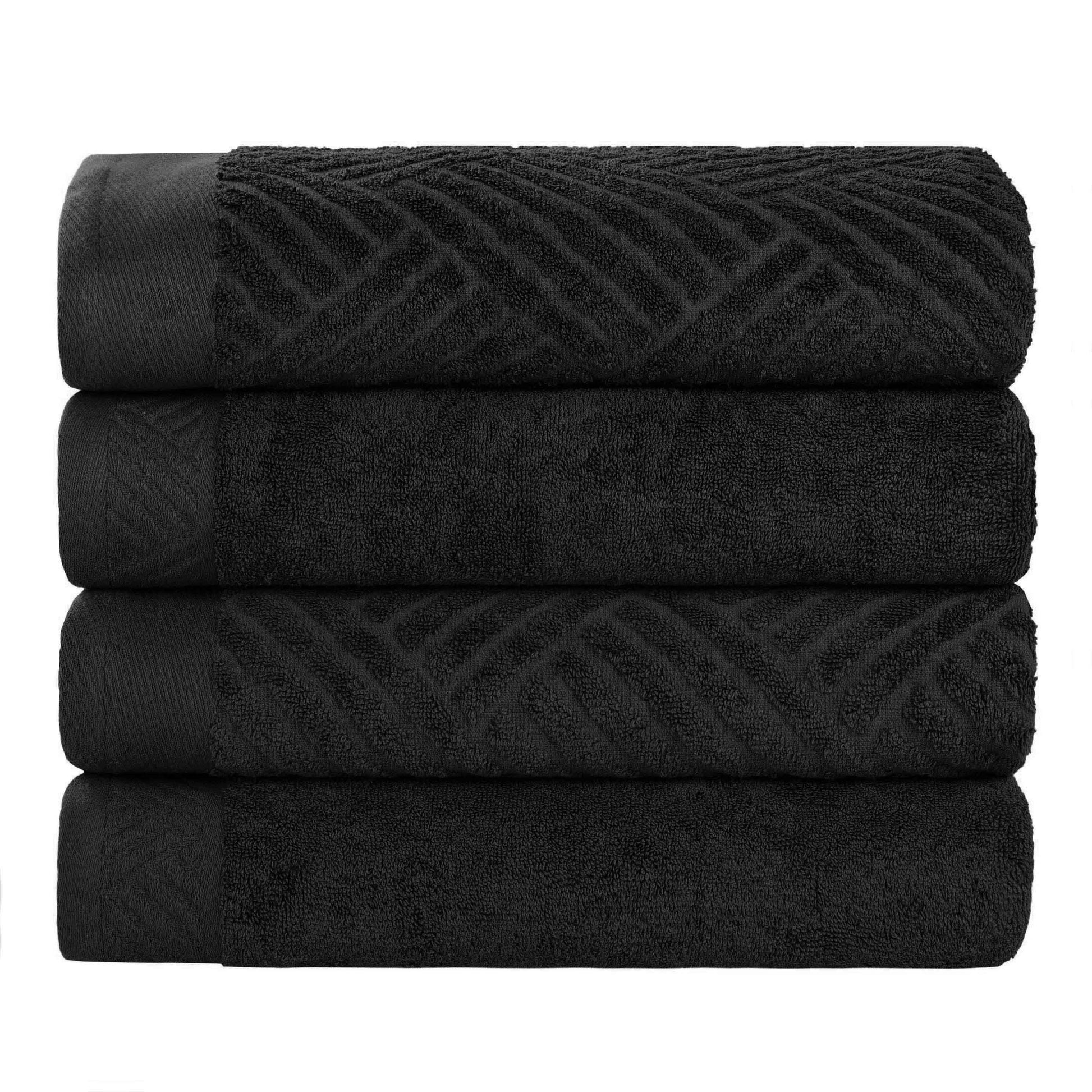 Basketweave Egyptian Cotton Jacquard and Solid Bath Towel Set of 4 - Black