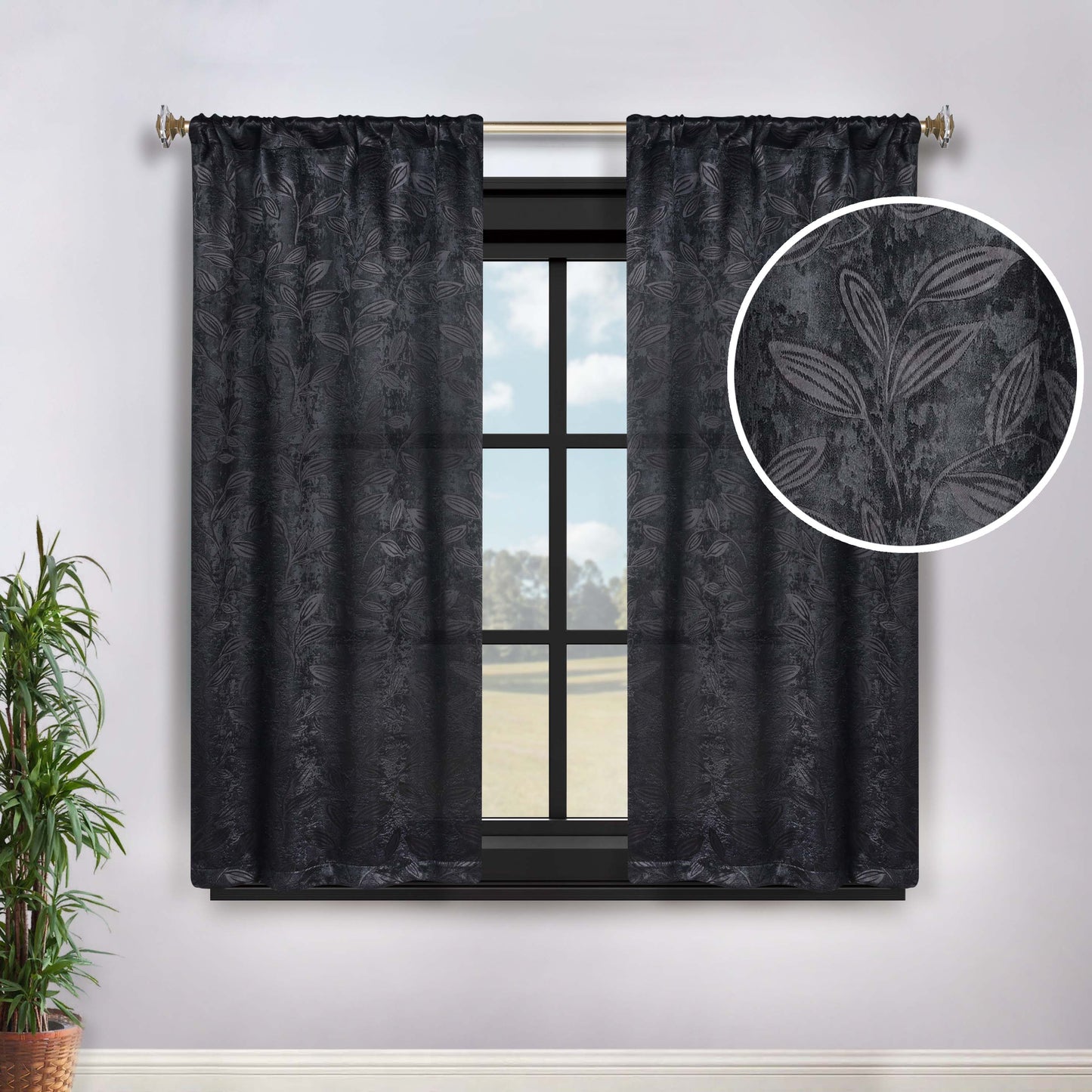 Leaves Room Darkening Grommet Rod Pocket Curtain Panels, Set of 2