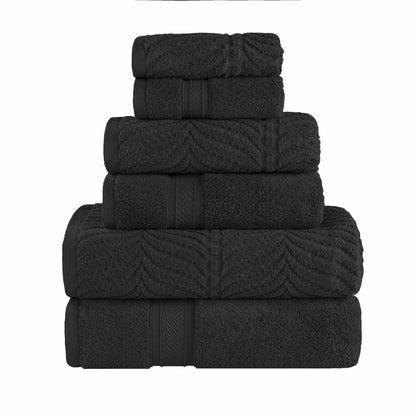 Chevron Zero Twist Solid and Jacquard Soft Cotton 6 Piece Towel Set - Black