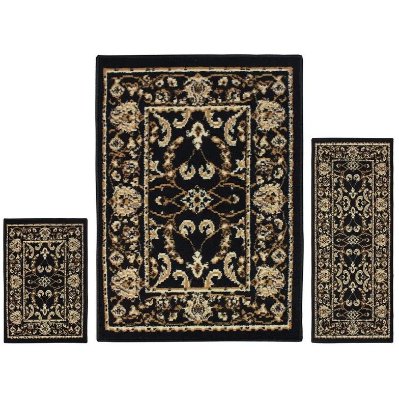 Barringer Floral Damask Traditional 3-Piece Area Rug Set - Black