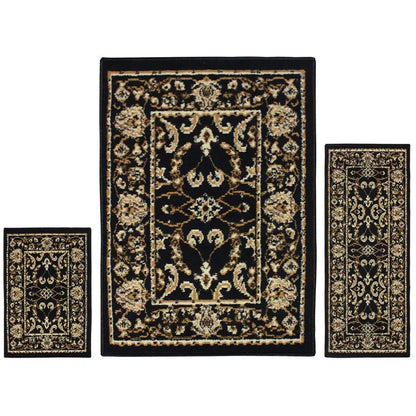 Barringer Floral Damask Traditional 3-Piece Area Rug Set - Black