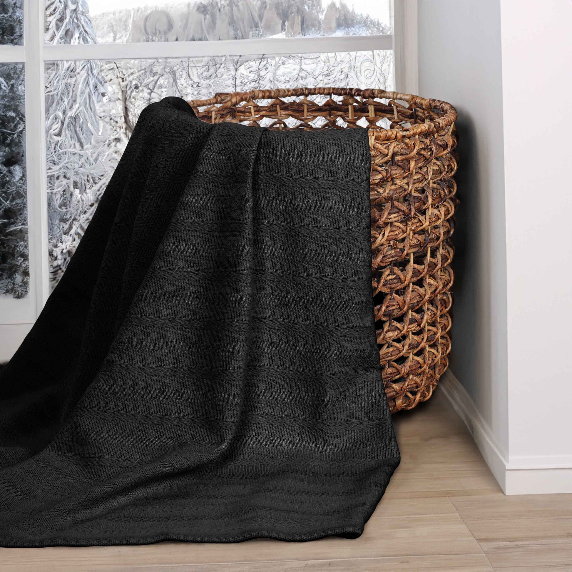 Clara Cotton Textured Jacquard Striped Lightweight Woven Blanket - Black