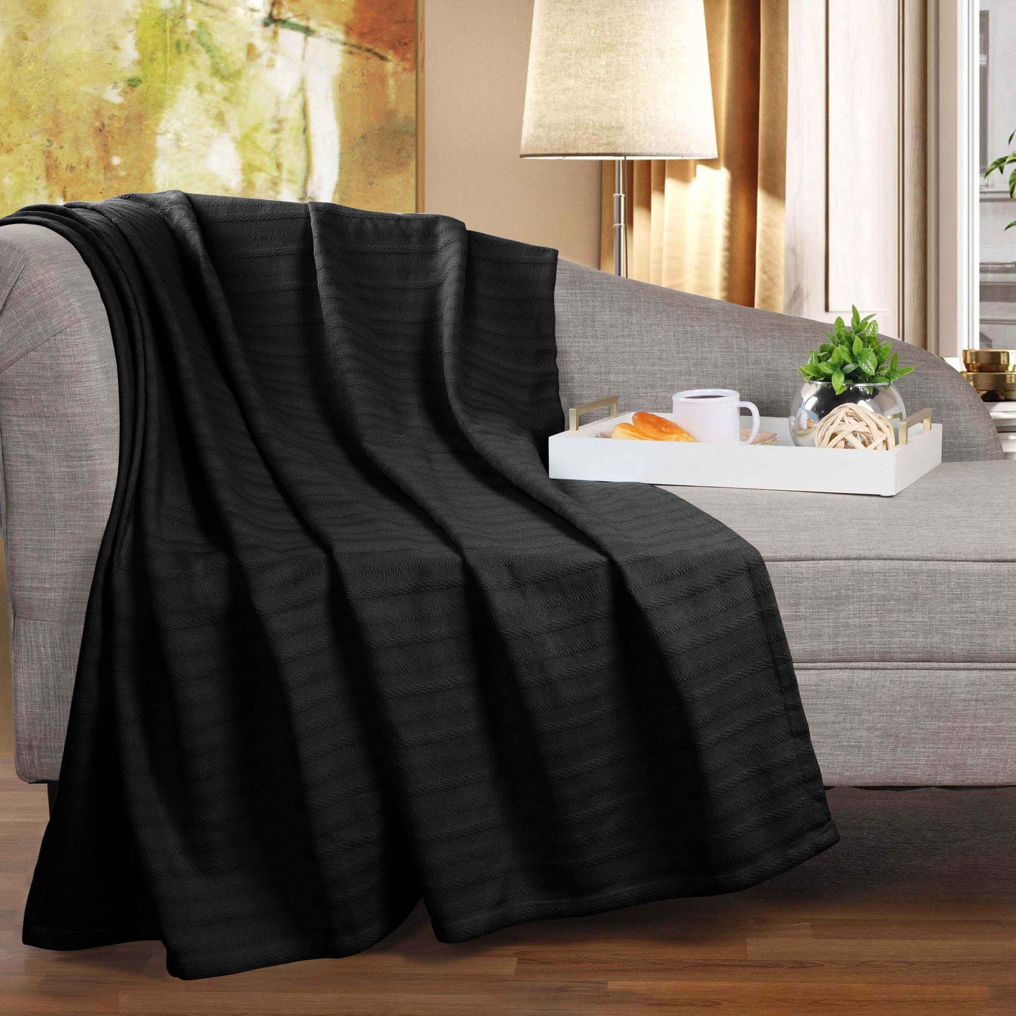 Clara Cotton Textured Jacquard Striped Lightweight Woven Blanket - Black