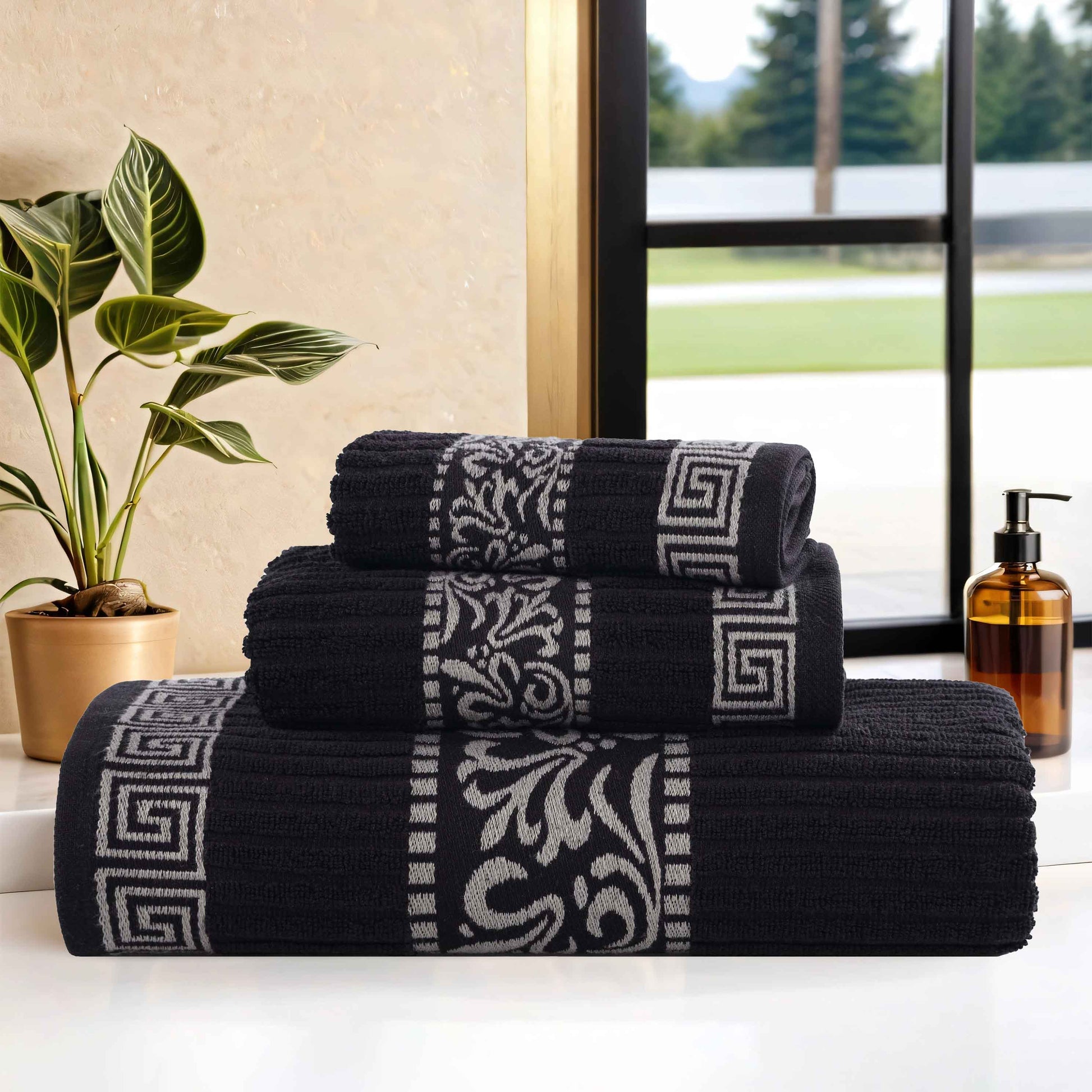 Athens Cotton Medium Weight Floral Greek Key Trim 3 Piece Towel Set - Black-Chrome