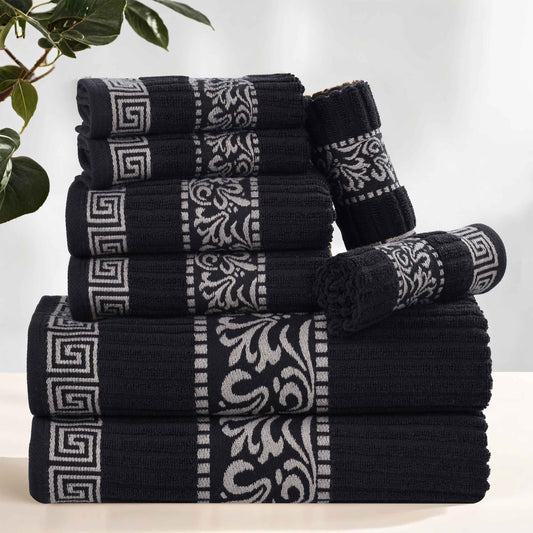 Superior Athens Cotton Greek Key Trim 8 Piece Towel Set - Black-Chrome