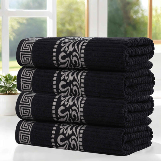 Athens Cotton Greek Key Trim Bath Towel Set of 4 - Black-Chrome